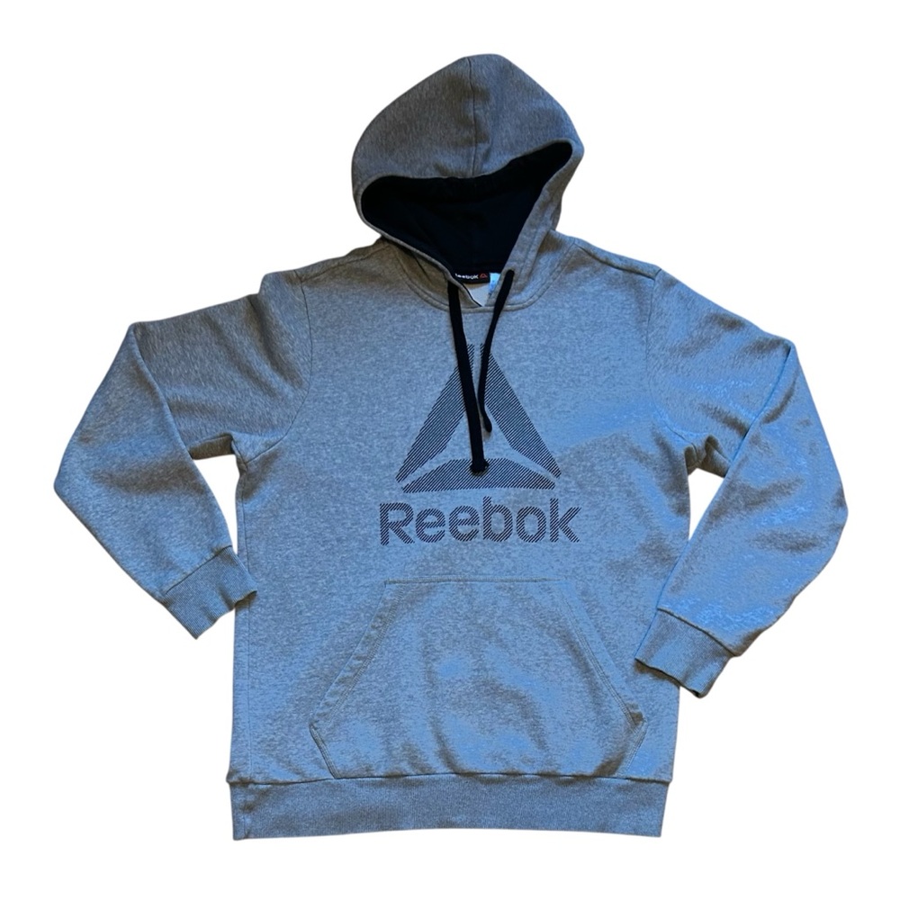 Reebok Men’s Heather Grey Graphic Spellout Pullover Hoodie Large Athleisure